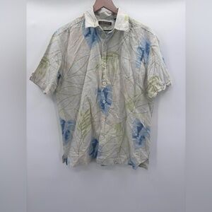 Cubavera Men's 100% Linen Floral Leaf Print Shirt - Blue and Green Size Large